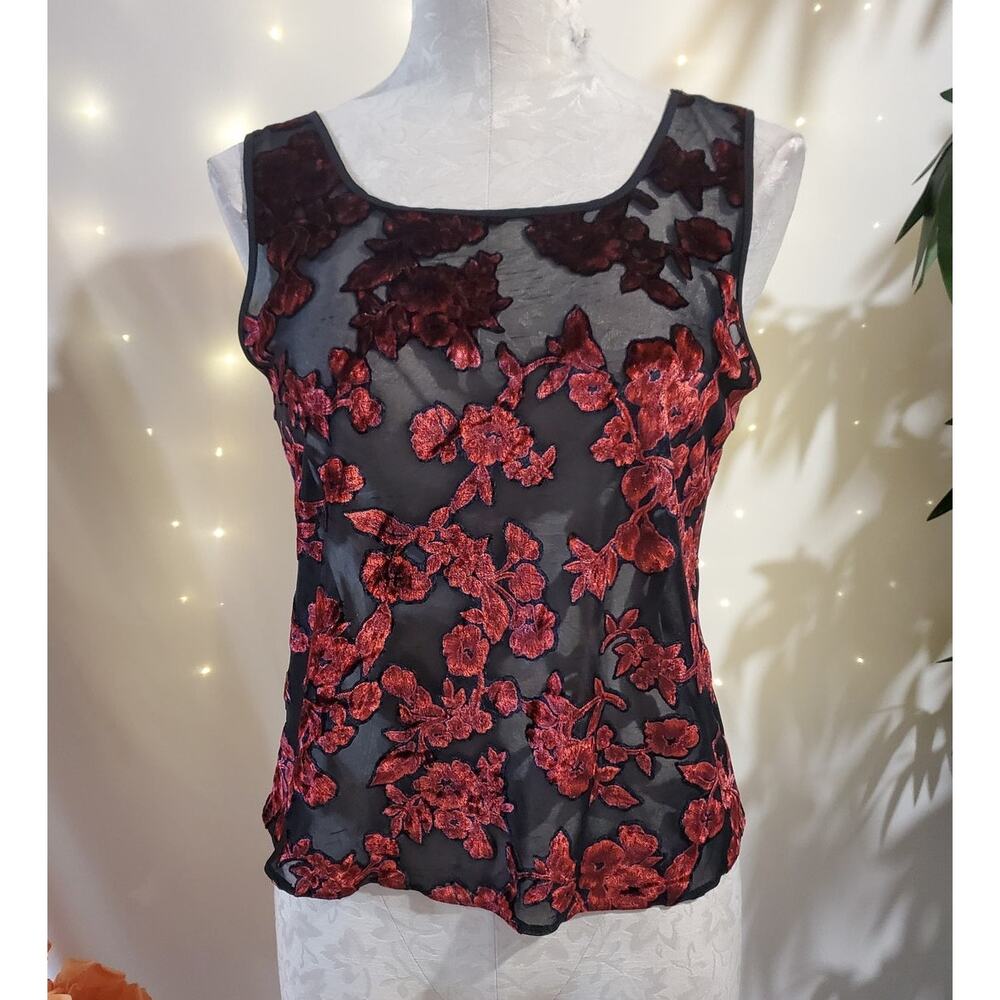 Vtg 90s Gilligan & O'Malley Sheer Velvet Burnout Floral Top Size S Whimsigoth